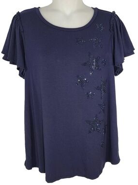 Chico’s Star Embellished Touch of Cool Tee Flutter Sleeve Navy Sz Large / 2 NWT